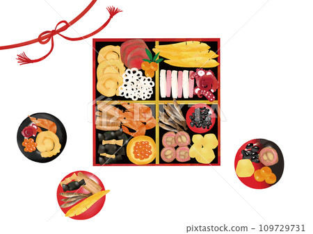 Watercolor style osechi and small plates 109729731