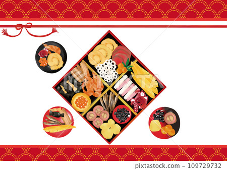 Watercolor style osechi and small plate background Qinghai wave (red) pattern 109729732