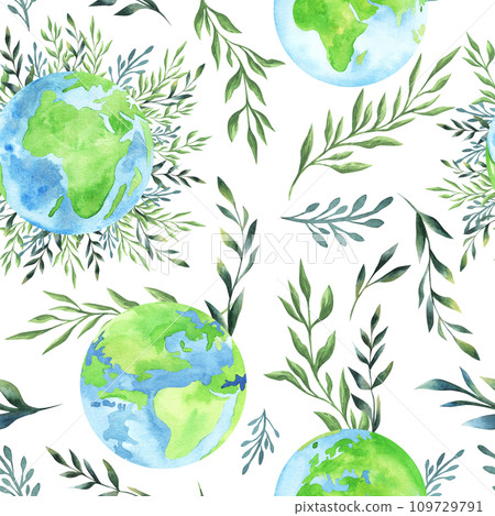 Seamless pattern with watercolor globe and slogan. Environmental conservation, Earth Day concept. Save the planet. Cute ecological hand drawn illustration. Seamless pattern with watercolor globe and slogan. Environmental conservation, Earth Day concept. Save the planet. Cute ecological hand drawn illustration. 109729791