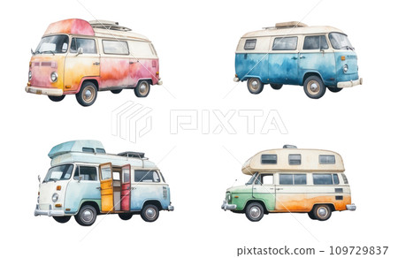 set of watercolor Van and RV car  white background 109729837