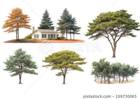 set of watercolor Lawson cypress tree on white background 109730065