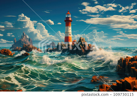 Lighthouse on a hill and a small storm at sea Lighthouse on a hill and a small storm at sea 109730115