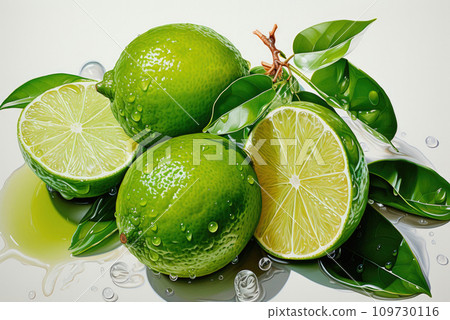 Fresh halves and whole lime fruits close-up 109730116