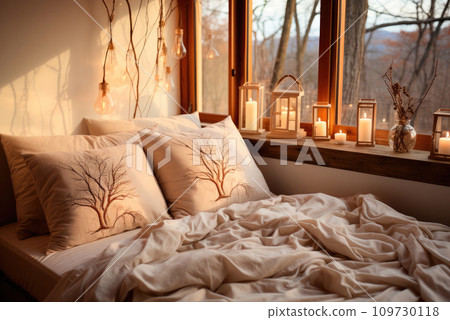 Cozy bed with pillows and a blanket near the window and candles on the windowsill 109730118