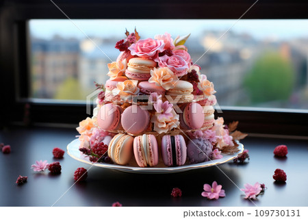 Sweet colorful pasta cake on a plate decorated with flowers Sweet colorful pasta cake on a plate decorated with flowers 109730131