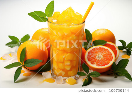 Smoothie or a glass of orange juice with pieces of fruit in a glass 109730144