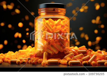 Golden Vitamin D3 capsules close-up in a jar and scattered on the table 109730205