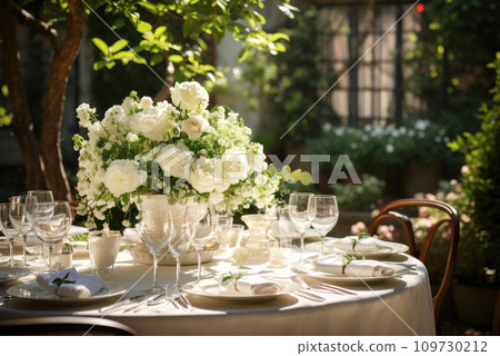 Elegant wedding reception with white table setting, floral arrangement of white flowers Elegant wedding reception with white table setting, floral arrangement of white flowers 109730212