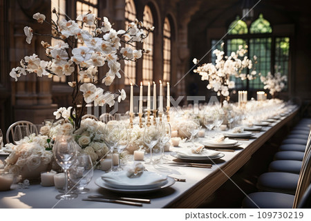 Wedding table, served in a classic style with compositions of white flowers Wedding table, served in a classic style with compositions of white flowers 109730219