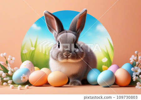 Happy easter greeting card with bunny, colourful eggs and flowers. in velvety peach tones. Trending color concept of the year 2024 Peach Fuzz. Happy easter greeting card with bunny, colourful eggs and flowers. in velvety peach tones. Trending color concept of the year 2024 Peach Fuzz. 109730803
