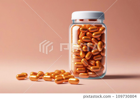 Medicine in capsules in velvety peach tones. Trending color concept of the year 2024 Peach Fuzz. Medicine in capsules in velvety peach tones. Trending color concept of the year 2024 Peach Fuzz. 109730804