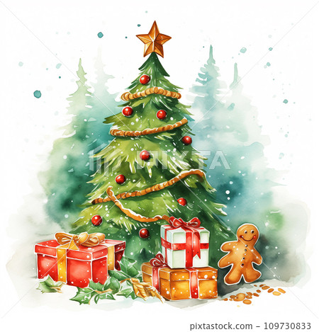 Christmas tree watercolor illustration Winter collection, painting, wet, gift, ginger bread, sky Generative AI 109730833