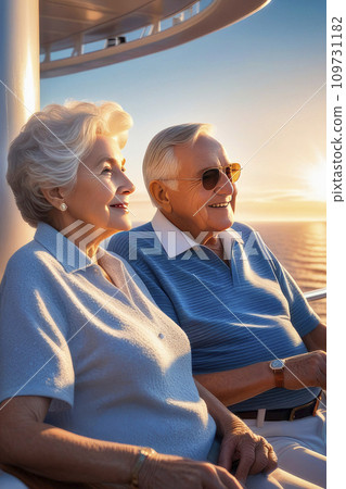 Portrait happy senior people smile relaxing on private luxury yacht in the sea sun rises. 109731182