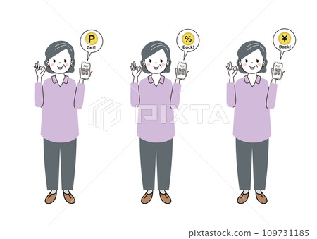 使用智慧型手機的無現金支付 — 使用智慧型手機購物的老年婦女 109731185