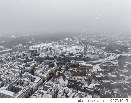 Aerial View of Berlin, Capital of Germany from above. Aerial winter cityscape of central part, Foggy cold Downtown. 109731645