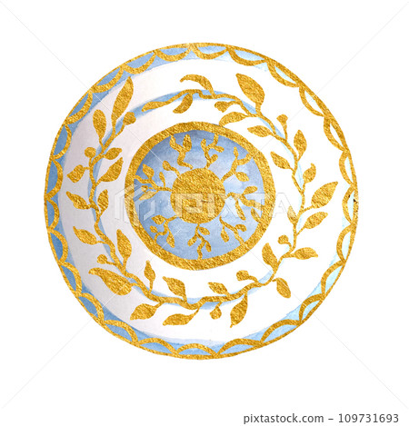 Watercolor white blue porcelain plate with gold plant ornament isolated on white 109731693