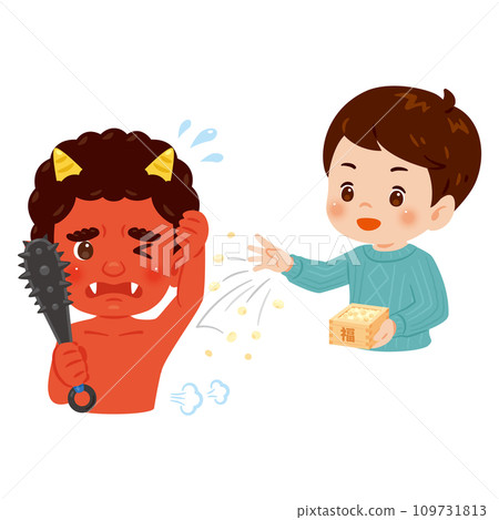 A boy scattering lucky beans and a red demon running away 109731813