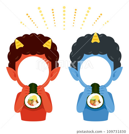 Upper body illustration of red demon and blue demon eating ehomaki 109731830