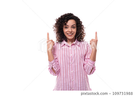 young brunette curly caucasian woman dressed in a striped pink blouse isolated on white background 109731988