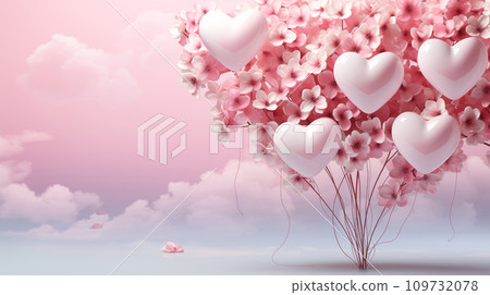 Floating pink heart balloon and flower background, white and pink pastel, realisticphoto, Happy Valentine day romantic day Generative AI 109732078