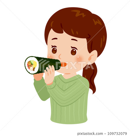 Woman eating ehomaki, upper body 109732079