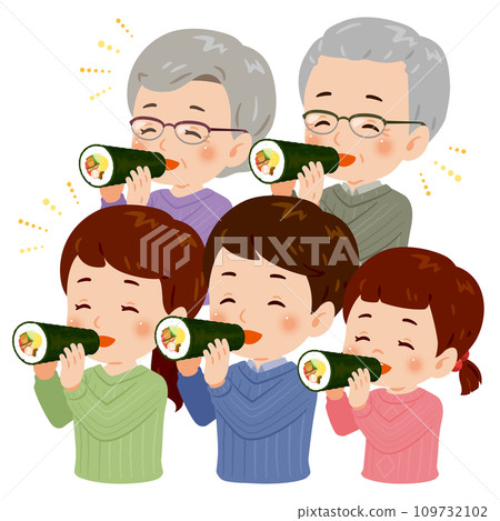 Smiling family eating ehomaki 2 upper body 109732102