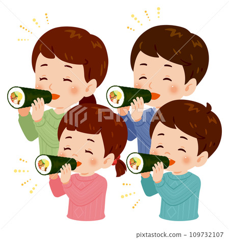 微笑的父母和孩子吃 ehomaki，上半身 109732107