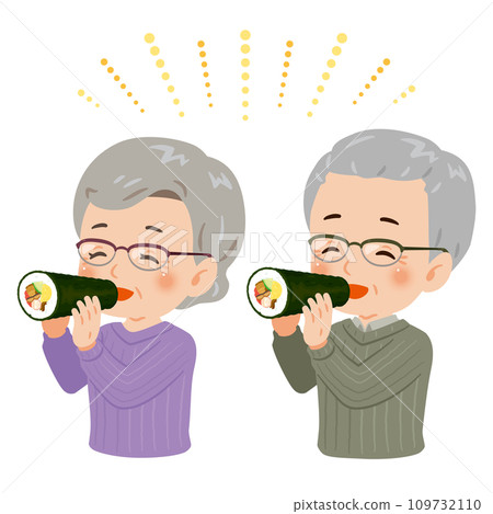 Smiling senior man and woman eating ehomaki, upper body 109732110