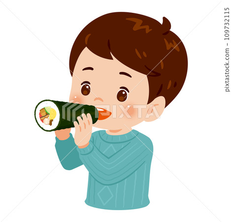 Boy eating ehomaki, upper body Boy eating ehomaki, upper body 109732115