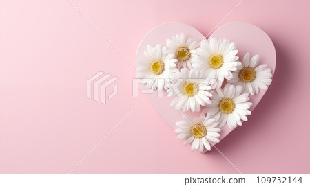Heart giftbox and white daisy flower, top view, copyspace, daytime, Pastel pink background Generative AI Heart giftbox and white daisy flower, top view, copyspace, daytime, Pastel pink background Generative AI 109732144