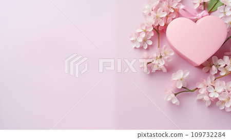 Happy Valentine day Pink Heart giftbox with white sakura flower, top view, copyspace, daytime, pastel pink background 109732284