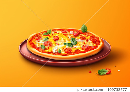AI-generated content. Minimal pizza salami on yellow background. Side view of pepperoni pizza without one slice. Fast food. Tasty food. AI generated 109732777