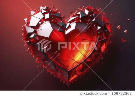 Broken glass glowing ruby heart on dark background. 109732862