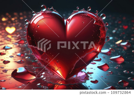 Broken glass glowing ruby heart on dark background. 109732864