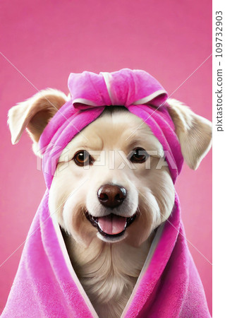 Happy cute dog is relaxing in a beauty salon Stock