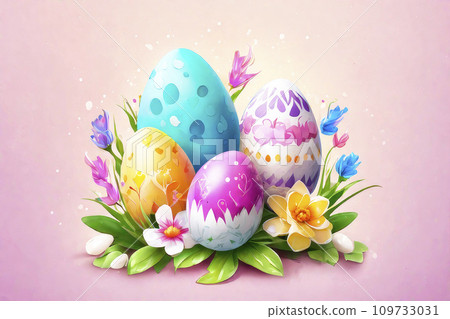 Happy easter greeting card with colourful eggs and flowers. Watercolor. 109733031