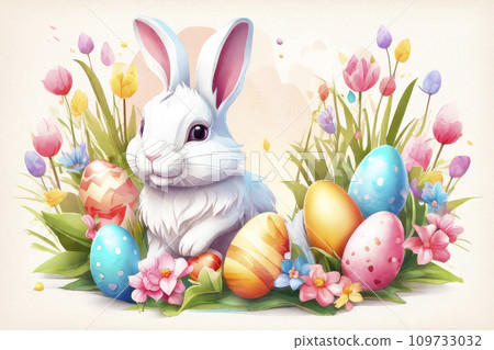 Happy easter greeting card with bunny, colourful eggs and flowers. Watercolor. Happy easter greeting card with bunny, colourful eggs and flowers. Watercolor. 109733032