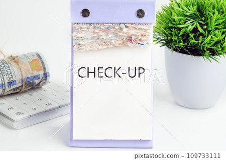 CHECK-UP text, word, inscription on a desktop calendar on a white background next to money and a green flower 109733111