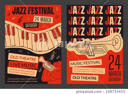 Jazz band poster. Party invitation. Music concert. Musical festival. Trumpet and piano. Theatre performance flyer. Musicians orchestra. Line drawing. Nightlife placard. Vector retro design banners set Jazz band poster. Party invitation. Music concert. Musical festival. Trumpet and piano. Theatre performance flyer. Musicians orchestra. Line drawing. Nightlife placard. Vector retro design banners set 109733433
