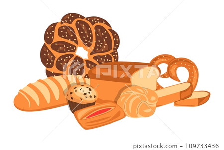 Bakery composition. Different types of bread. Baguette, fresh croissant and bagel. traditional pretzel and pie. Shop icon and label, menu cover. Healthy food cartoon flat isolated vector illustration Bakery composition. Different types of bread. Baguette, fresh croissant and bagel. traditional pretzel and pie. Shop icon and label, menu cover. Healthy food cartoon flat isolated vector illustration 109733436