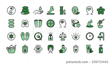 Health wellbeing icon. Nutrition exercise. Relax balance. Massage solid spa. Self mental comfort. Stress mind relaxation. Mindfulness and care. Beauty procedure. Vector tidy linear green symbols set 109733442