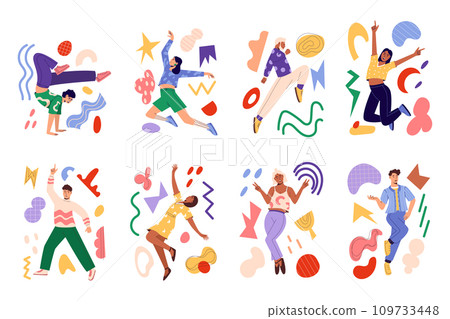 People on abstract background. Young men and women in different active poses. Business allegory, concept create, geometric figures, graphic idea, metaphor shape. Vector illustration fun garish element People on abstract background. Young men and women in different active poses. Business allegory, concept create, geometric figures, graphic idea, metaphor shape. Vector illustration fun garish element 109733448