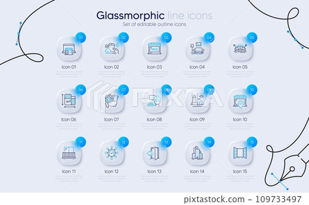 Set of Sports arena, Build and Lighthouse line icons for web app. Open door, Marketplace, Skyscraper buildings icons. Balcony, Market sale, Floor plan signs. Entrance, House security. Vector 109733497