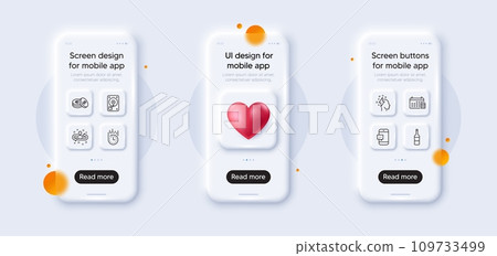 Recruitment, Savings and Smartphone message line icons pack. 3d phone mockups with heart. Glass smartphone screen. Hdd, Fast delivery, Wine web icon. Brainstorming, Calendar pictogram. Vector 109733499