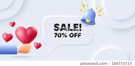 Sale 70 percent off discount. Neumorphic background with speech bubble. Promotion price offer sign. Retail badge symbol. Sale speech message. Banner with 3d hearts. Vector 109733513