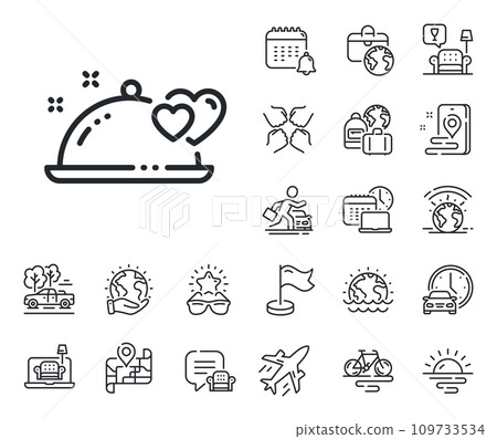 Valentines day restaurant food sign. Plane jet, travel map and baggage claim outline icons. Romantic dinner line icon. Couple relationships symbol. Romantic dinner line sign. Vector 109733534