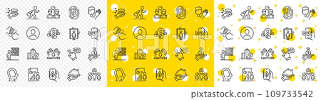 Outline Psychology, Business report and Businessman run line icons pack for web with Apartment insurance, Fist bump, Headshot line icon. Elevator, Food delivery, Restaurant food pictogram icon. Vector 109733542