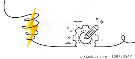 Settings gear line icon. Continuous one line with curl. Cogwheel with star sign. Edit working process symbol. Settings gear single outline ribbon. Loop curve with energy. Vector Settings gear line icon. Continuous one line with curl. Cogwheel with star sign. Edit working process symbol. Settings gear single outline ribbon. Loop curve with energy. Vector 109733547