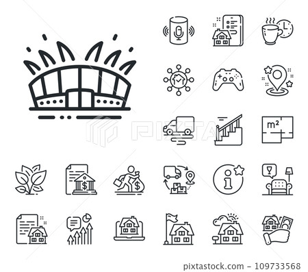 Sport complex sign. Floor plan, stairs and lounge room outline icons. Arena stadium line icon. Championship building symbol. Arena stadium line sign. House mortgage, sell building icon. Vector 109733568