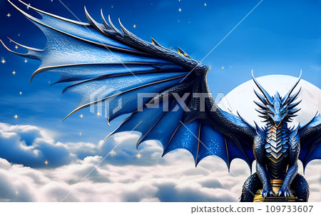 A dragon with wings on a mountain top, a symbol of 2024 according to the Chinese calendar. Year of the Dragon. Image with space for text and copy space 109733607